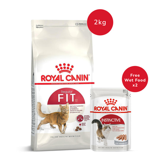 Royal Canin Fit 32 Adult Dry Cat Food - 2 kg + Instinctive Loaf Adult Wet Cat Food - (85gm x 2)