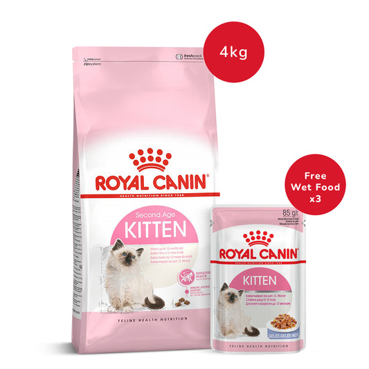Royal Canin Kitten Dry Cat Food - 4kg + Kitten Instinctive Jelly Wet Food - (85gm x 3)